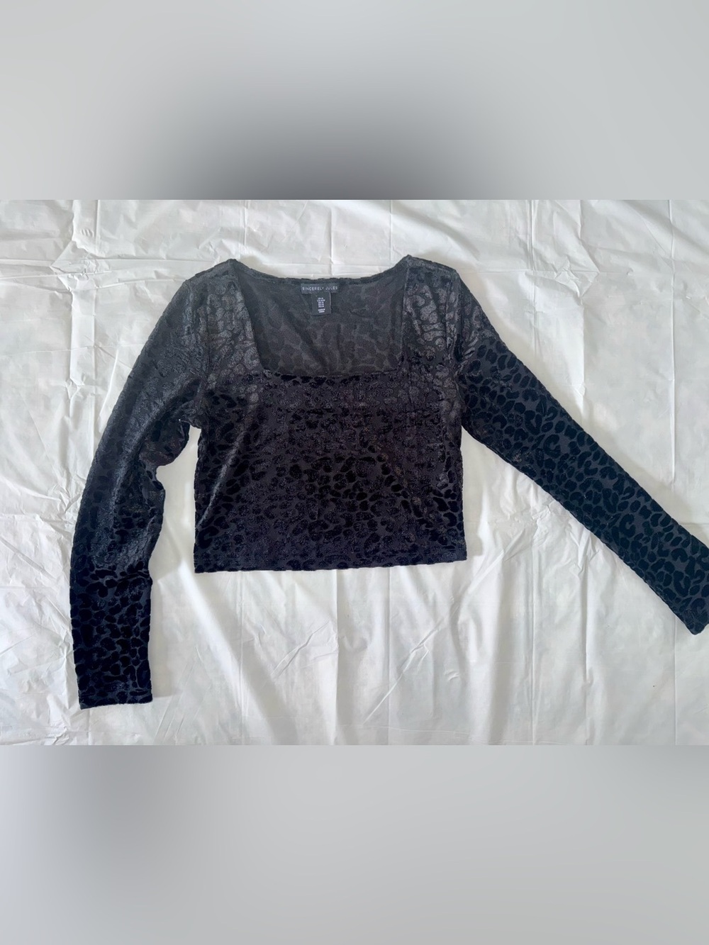 Sincerly Jules Black Velvet Leopard-Print Square Neck Long Sleeve Top